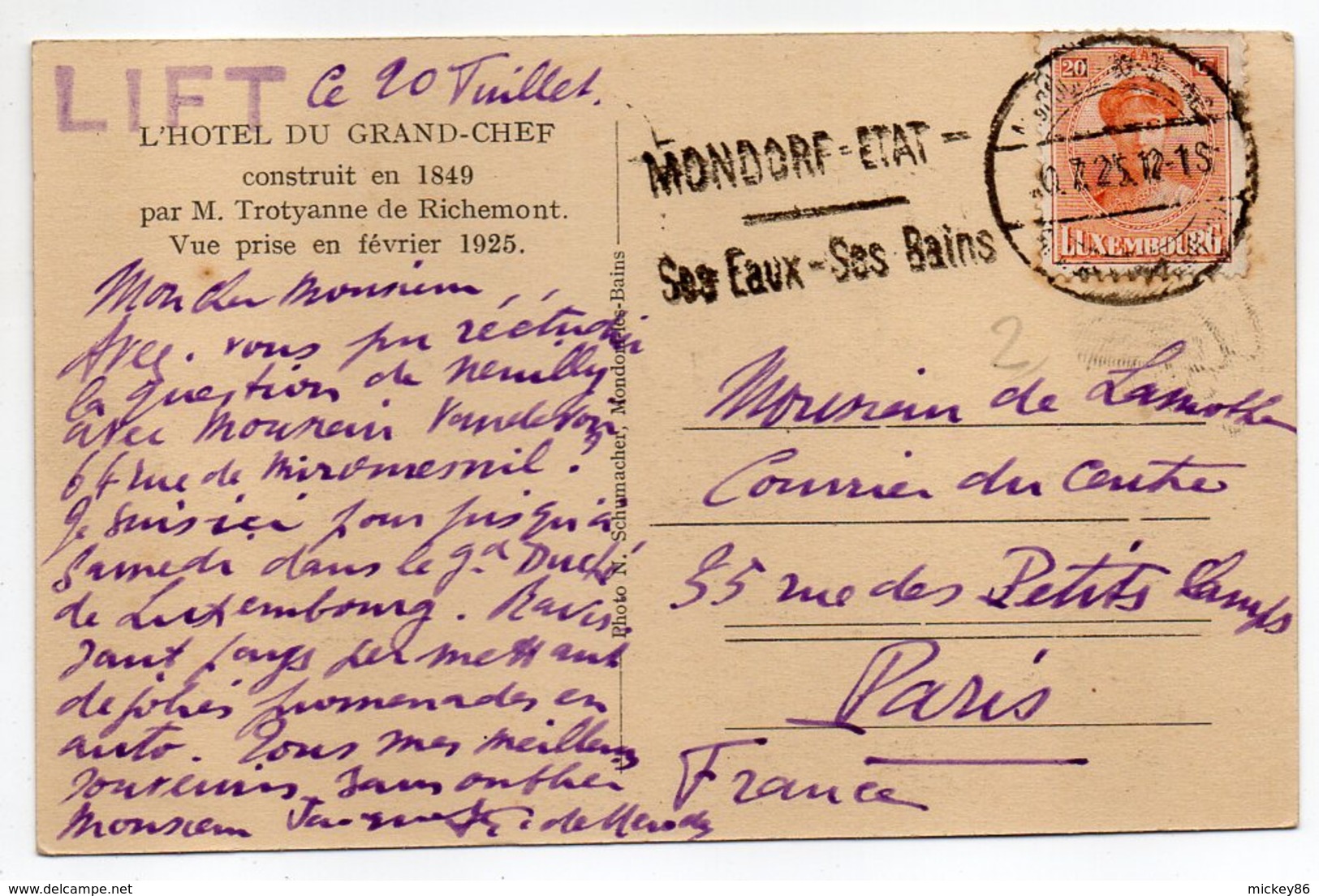 Luxembourg--MONDORF LES BAINS --1925--Hotel Du Grand-Chef ---timbre ...Beau Cachet  MONDORF - Mondorf-les-Bains