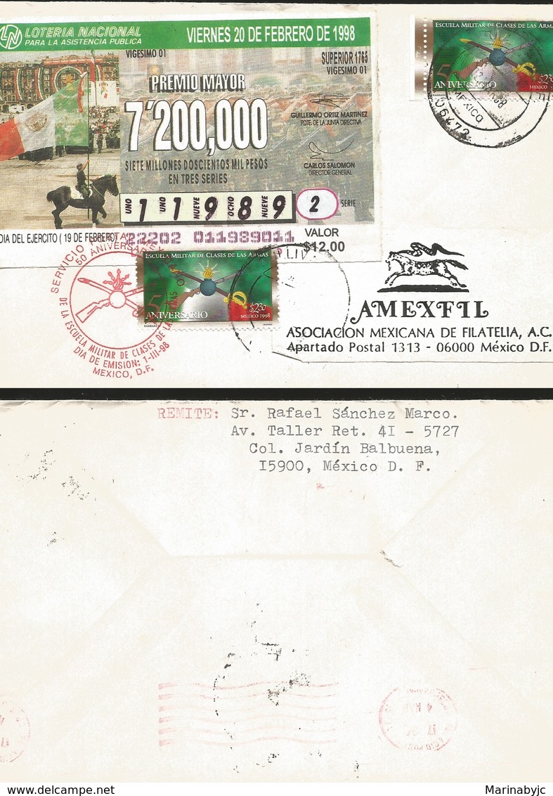 J) 1998 MEXICO, MILITARY SCHOOL OF CLASSES OF THE ARMS, LOTTERY TICKET, NATIONAL LOTTERY, DAY OF THE ARMY, AMEXFIL, MEXI - Mexique