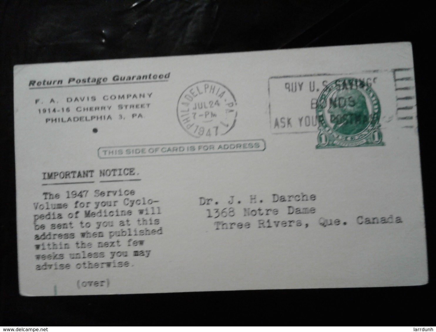 United States USA Postal Card 1 Cent  Jefferson F A Davis Co Buy US Bonds Cancelled Philadelphia 1947 A04s - 1901-20