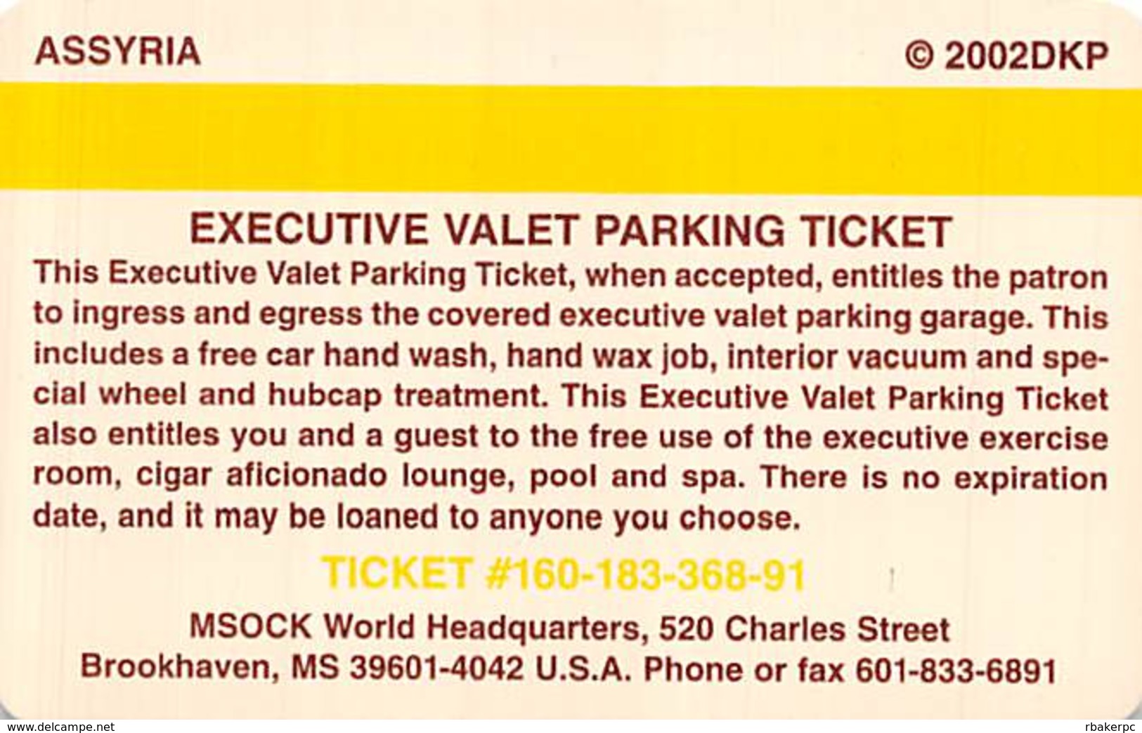 MSOCK Executive Valet Parking Ticket Card - Casino Cards