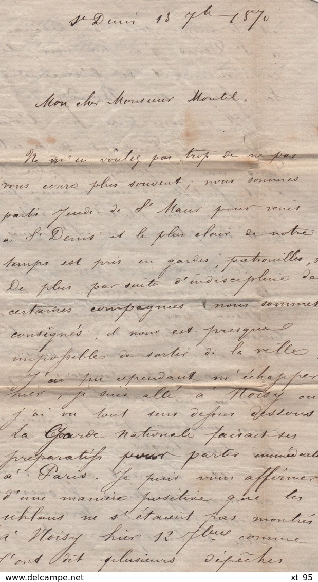 Guerre De 1870 - Lettre D Un Garde Mobile En Poste A St Denis - 13 Septembre 1870 - Voir Texte - Noisy Bondy - 1849-1876: Période Classique