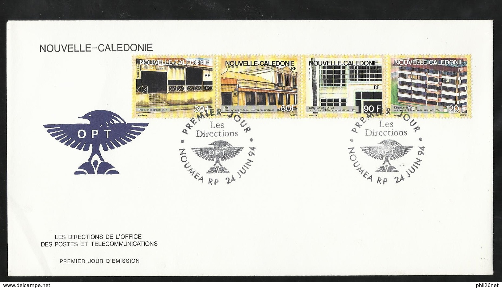 FDC Lettre Premier Jour Nouméa Le 24/06/1994 Bande N°658 à 661 Evolution Des Locaux De La Direction Des Postes  TB - Cartas & Documentos