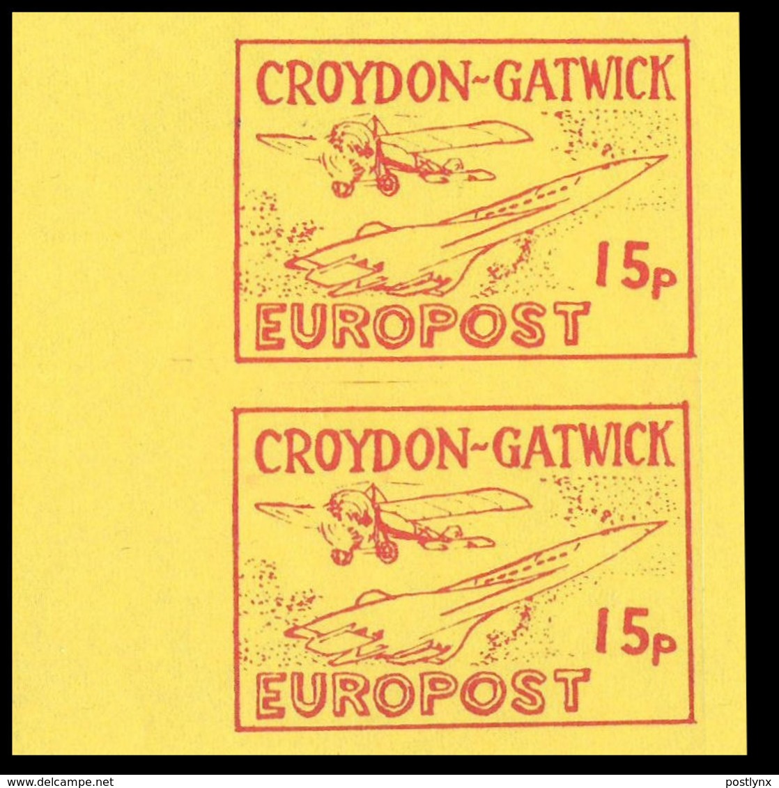 GREAT BRITAIN-Croydon Gatwick 1971 Aeroplane Concorde 15p #1 Large MARG.PAIR PROOF Yellow Paper - Ensayos, Pruebas & Reimpresiones