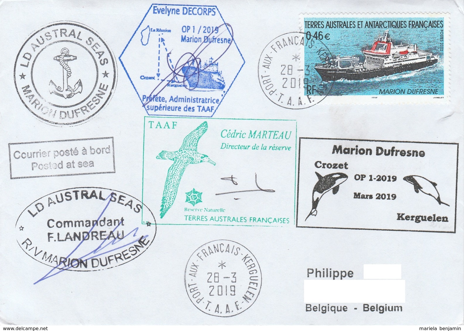 TAAF - Kerguelen - Bateau MARION DUSFRESNE OP1-2019 Sign. Préfet AdSup  - Oblit Port-aux-Français 28-3-2019 (nombreux Ca - Lettres & Documents