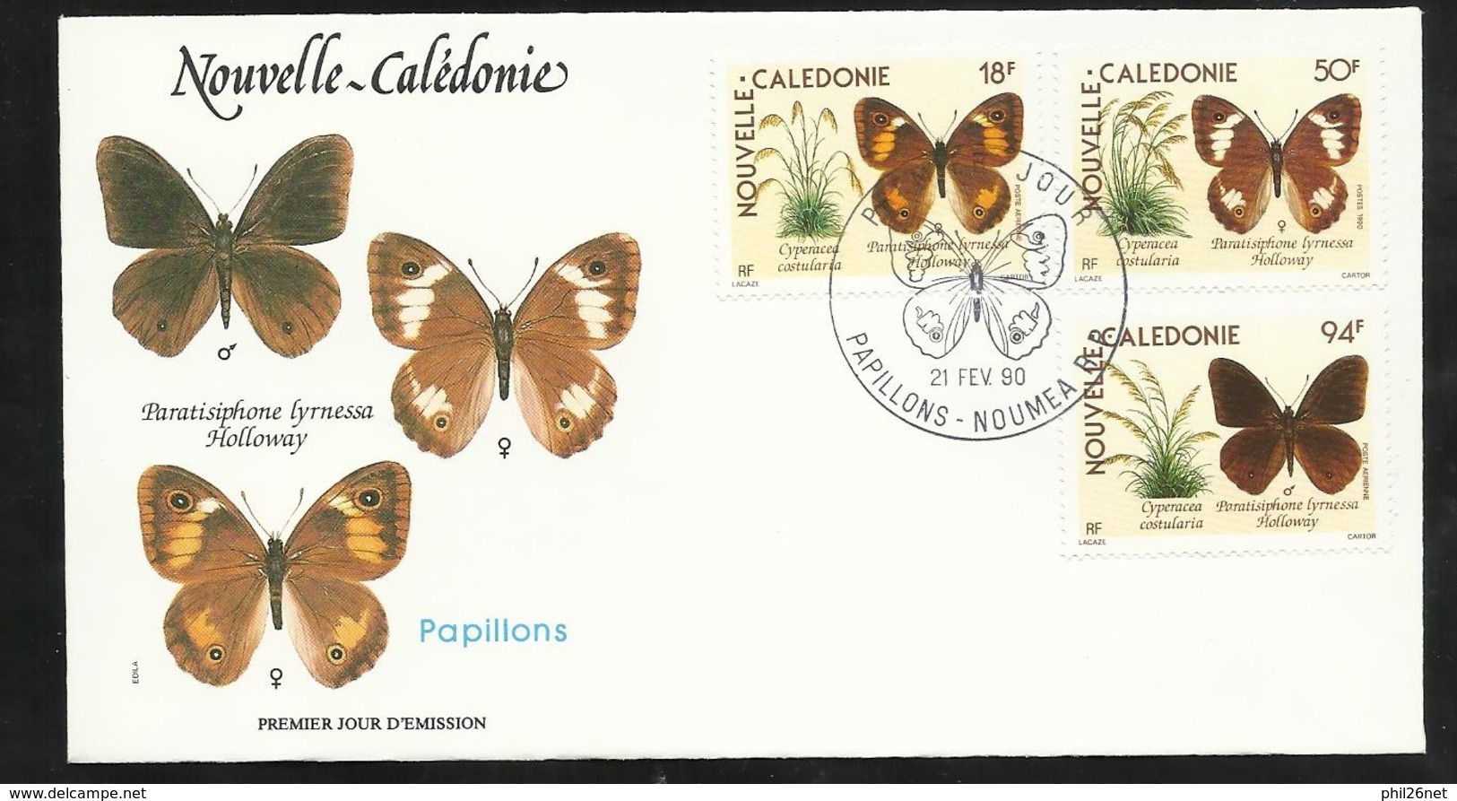 FDC Lettre Illustrée Premier Jour Nouméa Le 21/02/1990 Le  P.A.N°265 Et 266 Et Poste N° 590 Papillons TB - Papillons