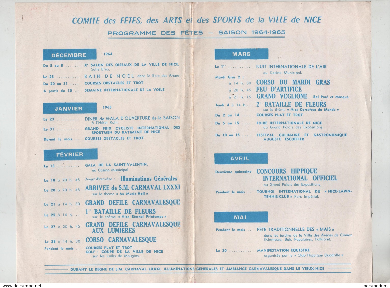 Carnaval De Nice Comité Des Fêtes Des Arts Et Des Sports Programme 1964 1965 - Non Classés