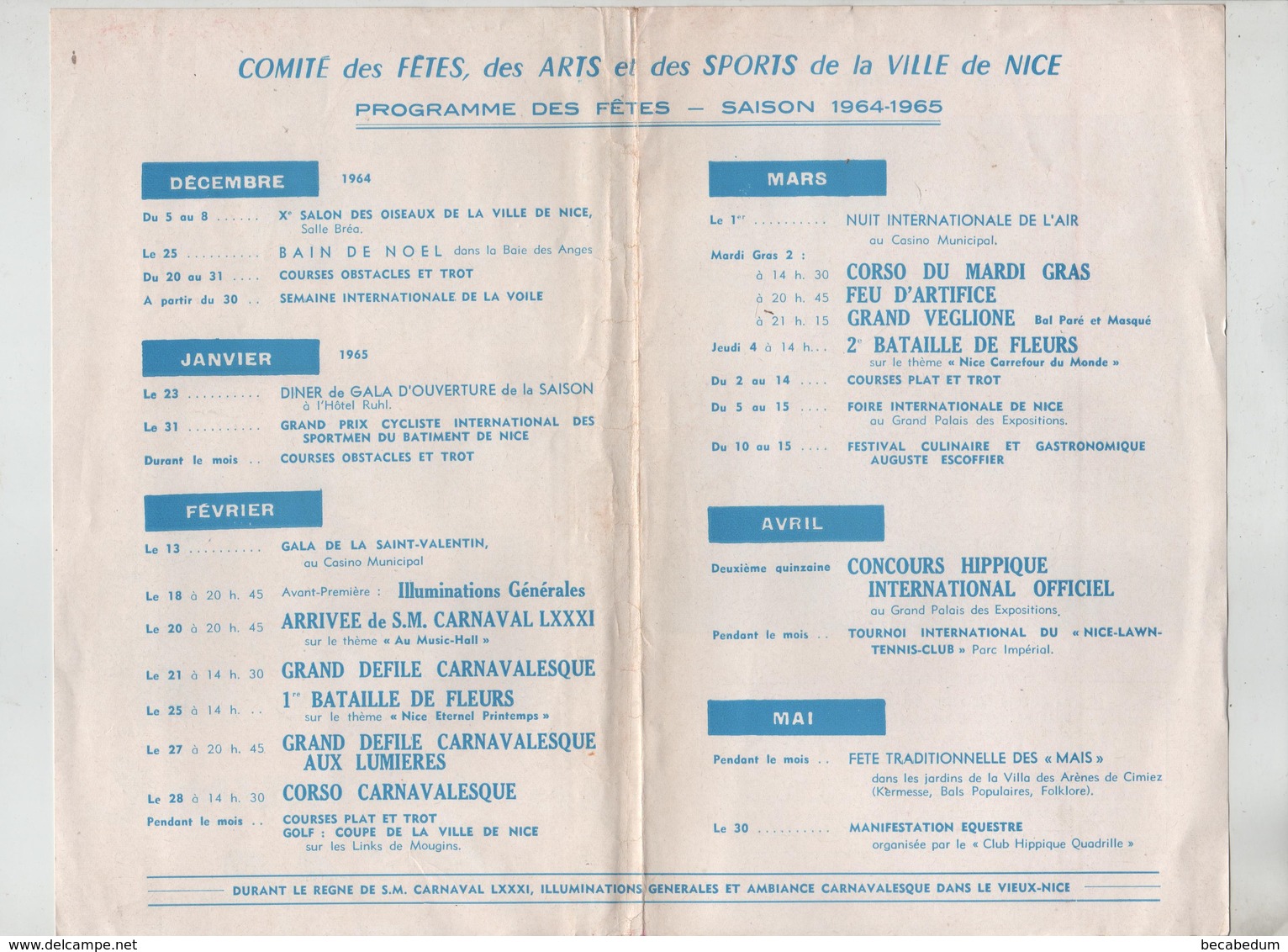 Carnaval De Nice Comité Des Fêtes Des Arts Et Des Sports Programme 1964 1965 - Unclassified