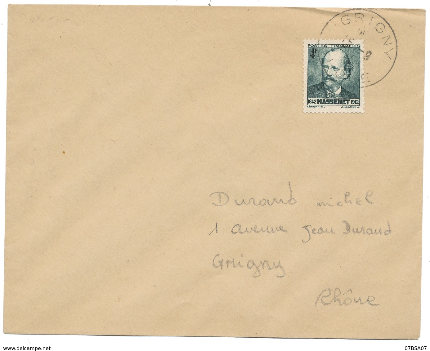 4F MASSENET SEUL SUR LETTRE OBLIT GRIGNY RHONE 15/09/1942 SUR LETTRE LOCALE VERSO CACHET DU MEME JOUR - 1921-1960: Période Moderne