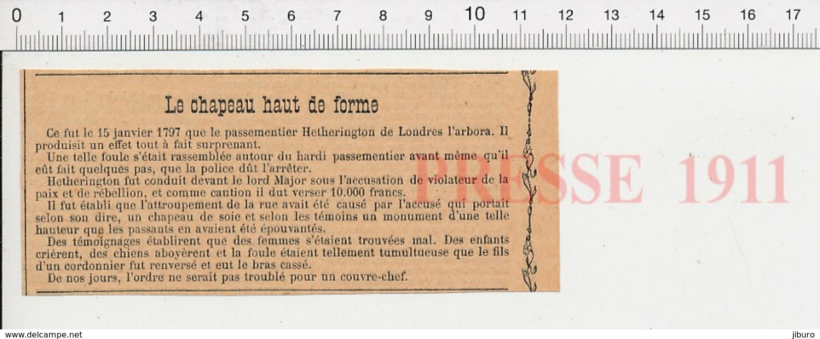 Presse 1911 Humour Invention Du Chapeau Haut De Forme En 1797 Hetherington Londres Chapellerie 226K - Unclassified