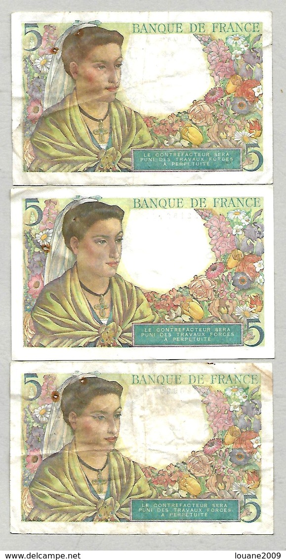 France - 5 Francs Berger 5 4 1945 Lot 3 Billets - 5 F 1943-1947 ''Berger''