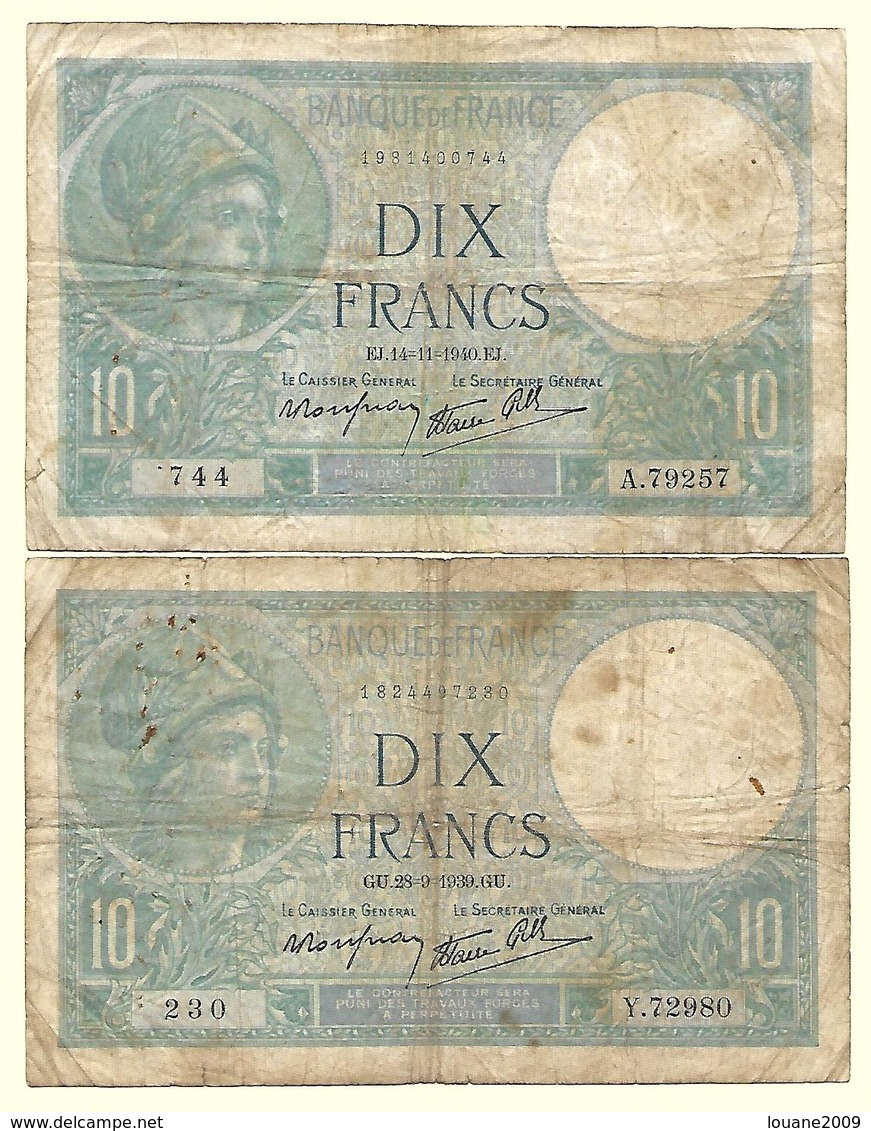 France - 10 Francs Minerve 28 9 1939 Et 14 11 1940 Lot 2 Billets - 10 F 1916-1942 ''Minerve''