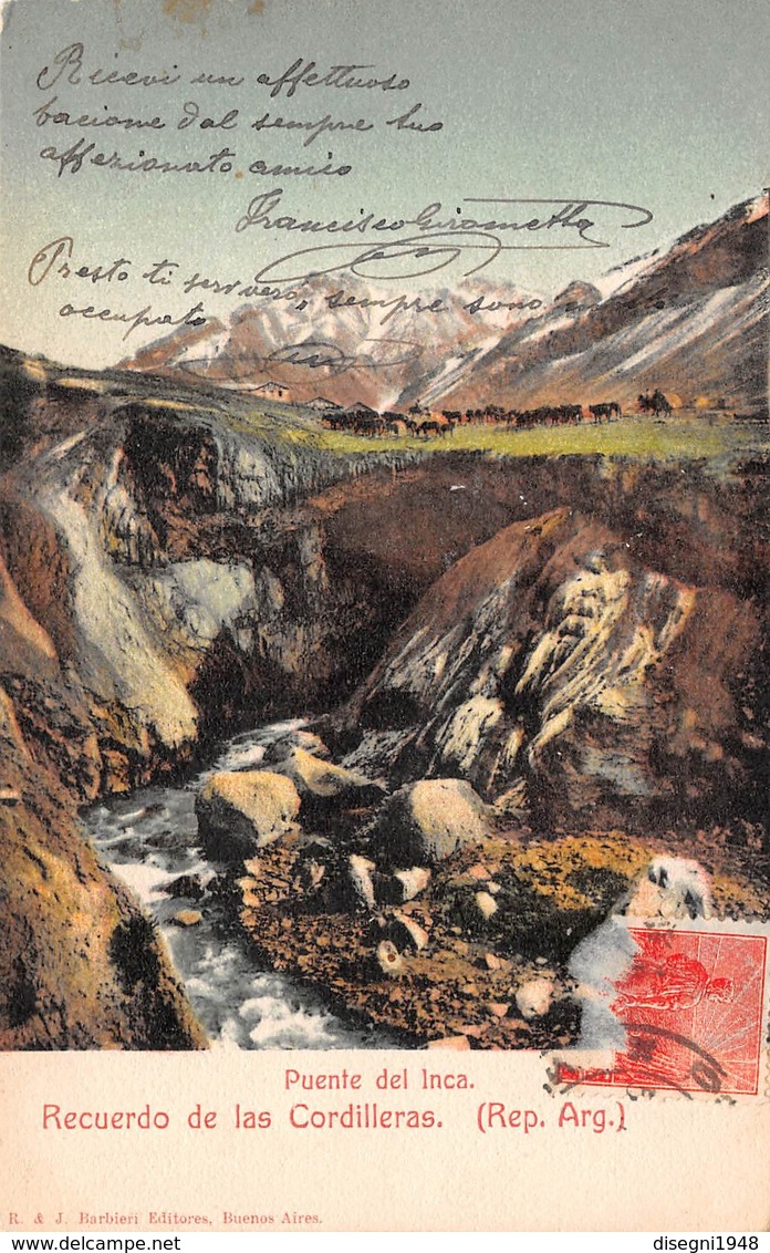 M08010 "PUENTE DEL INCA-RECUERDO DE LAS CORDILLERAS (REP. ARG.) " CARTOLINA ILLUSTRATA POSTALE ORIGINALE SPEDITA - Argentina