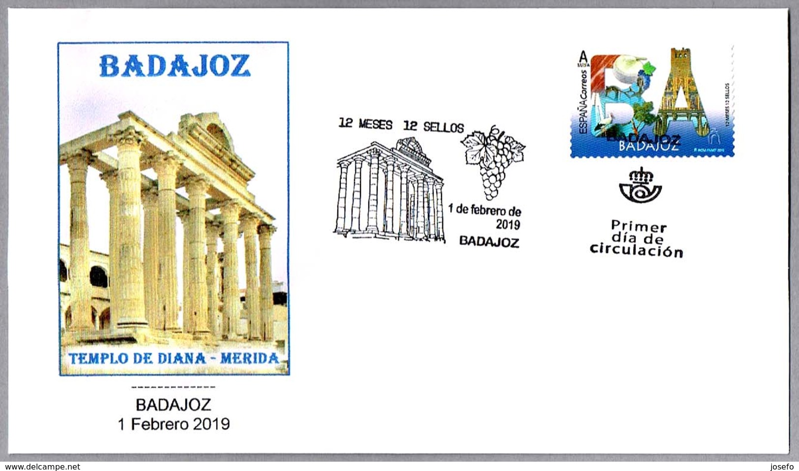 12 MESES - 12 SELLOS - BADAJOZ - TEMPLO DE DIANA (MERIDA). SPD/FDC Badajoz, Extremadura, 2019 - Archeologia