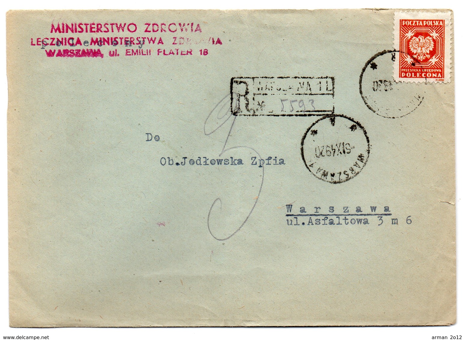 Poland Registered Warsaw Warszawa 1949 - Covers & Documents