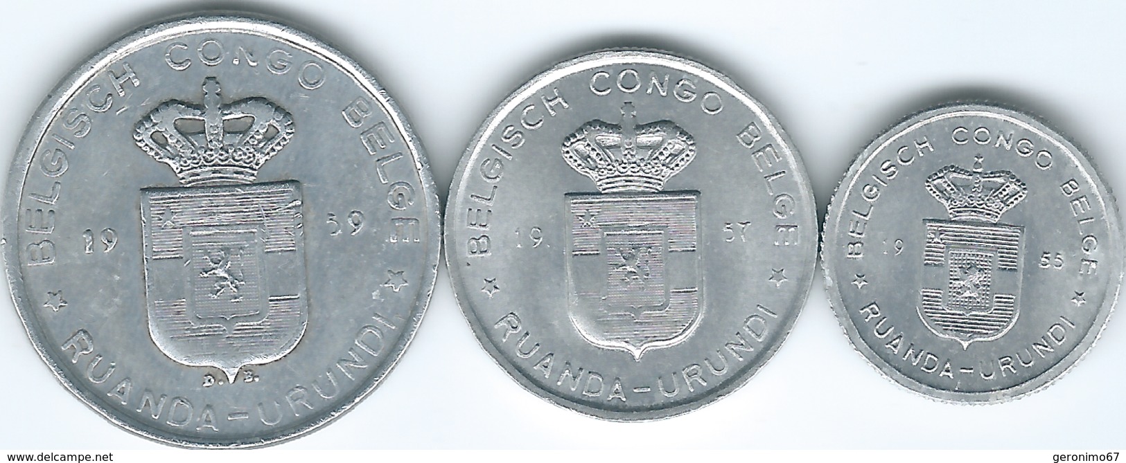 Belgian Congo - Ruanda-Urundi - 1955 - 50 Centimes - KM2; 1957 - 1 Franc - KM4 & 1959 - 5 Francs - KM3 - 1951-1960: Baudouin I