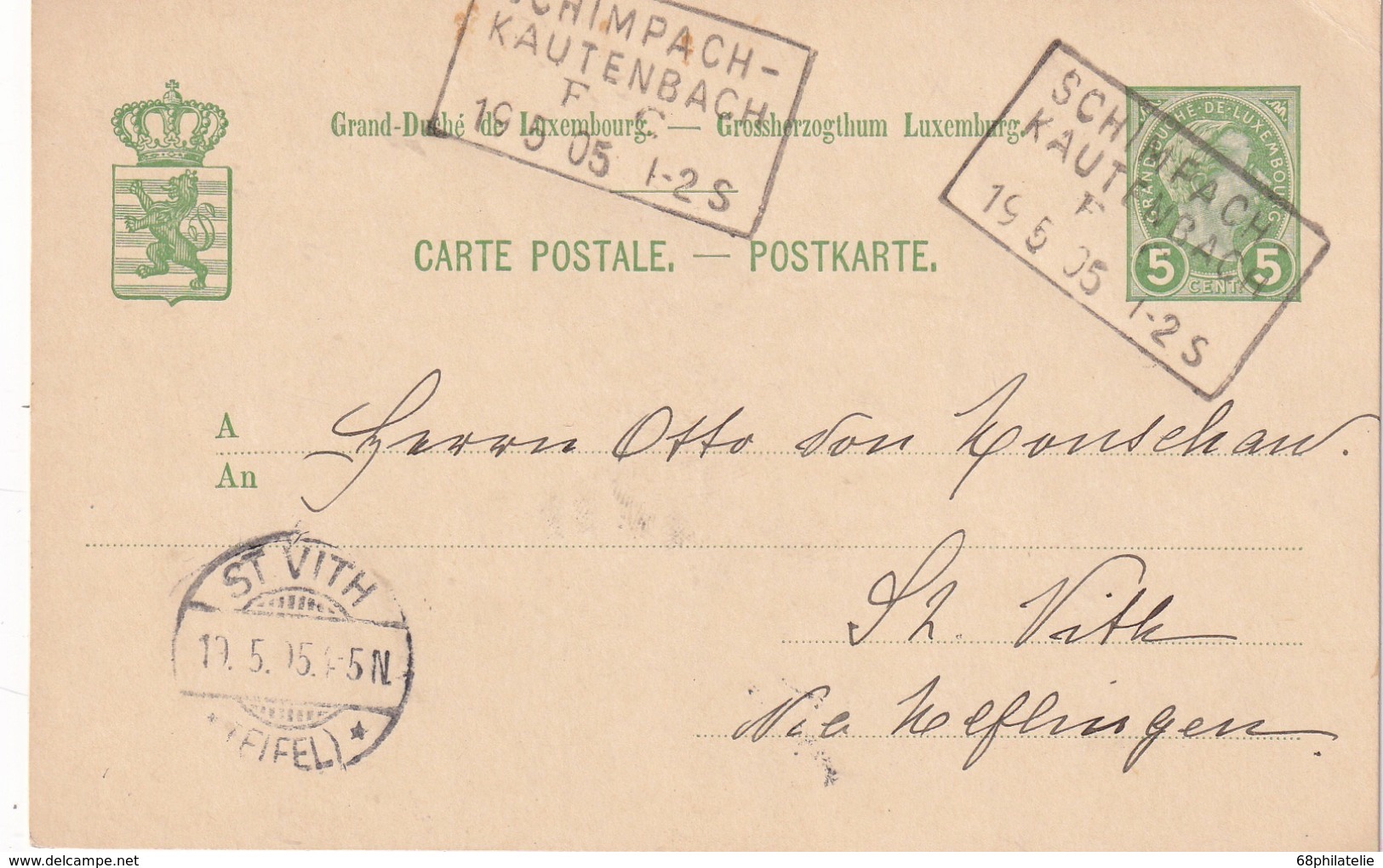 LUXEMBOURG 1905   ENTIER POSTAL/GANZSACHE/POSTAL STATIONERY CARTE AVEC CACHET FERROVIAIRE SCHIMPACH-KAUTERBACH - Postwaardestukken