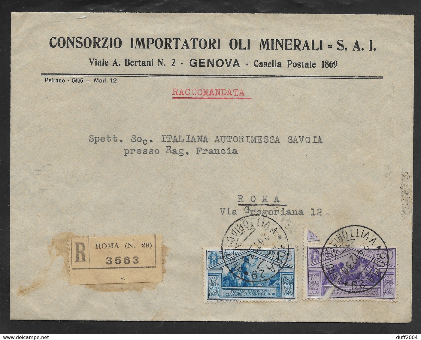 RACCOMANDATA DA ROMA PER CITTA' - 24.12.1930. - Marcophilie