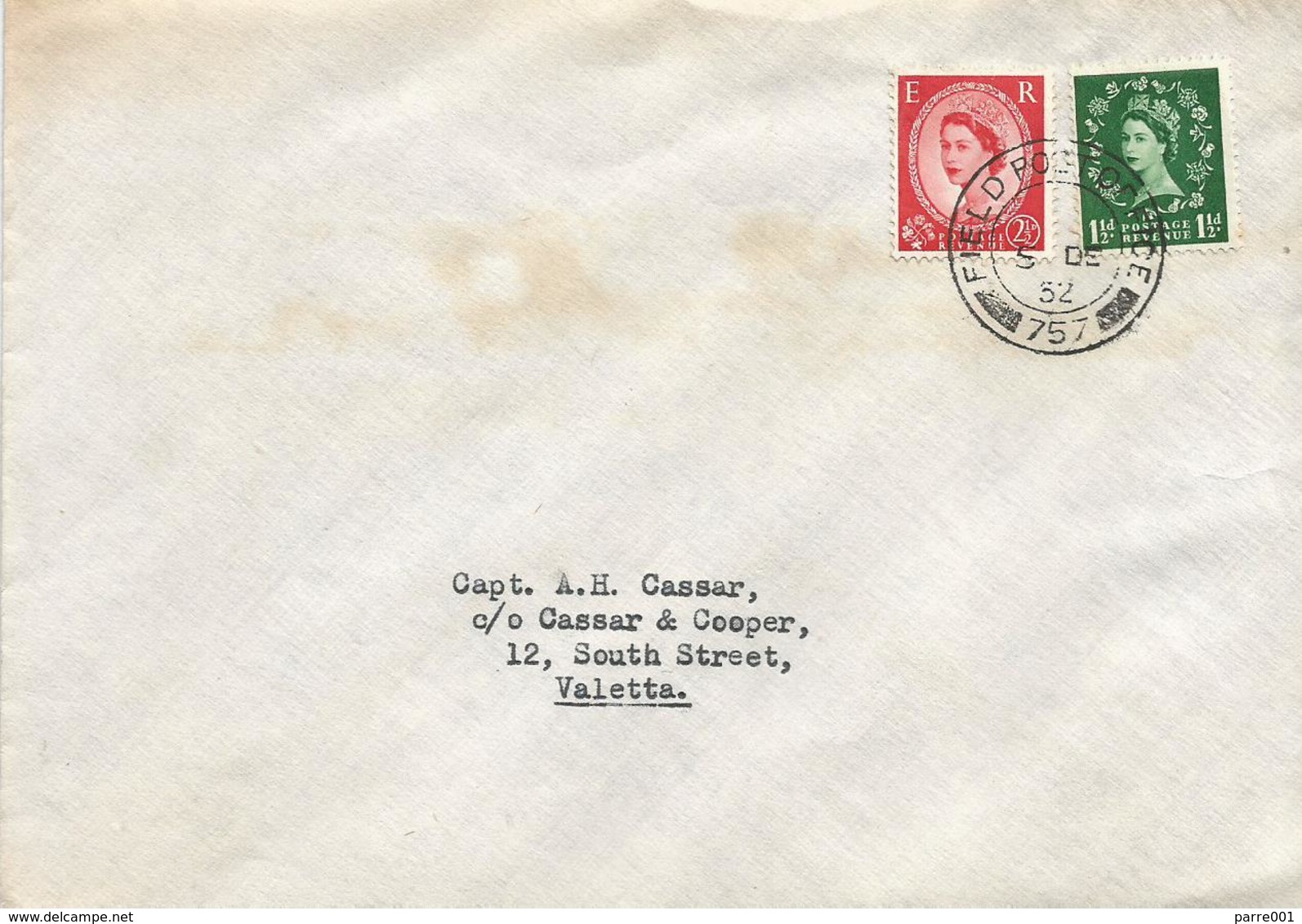 UK 1952 FPO 757 Malta Castille Forces Military Domestic Cover - Malta