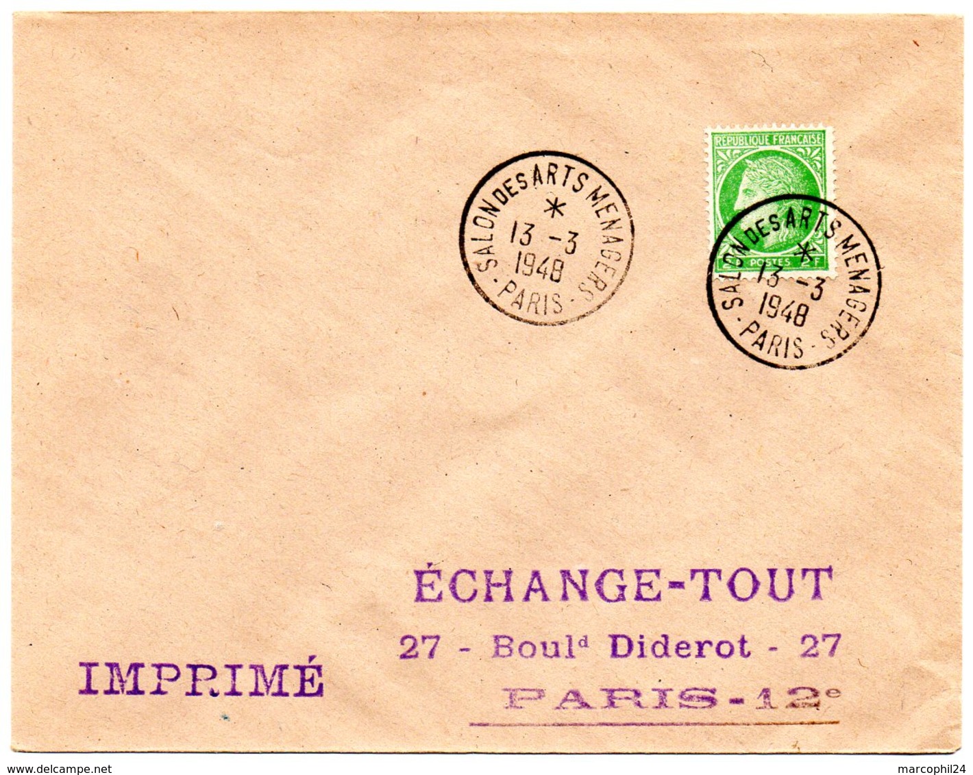 PARIS 1948 = CACHET PETIT FORMAT TEMPORAIRE  = SALON Des ARTS MENAGERS Sur ENVELOPPE Entière - Gedenkstempel