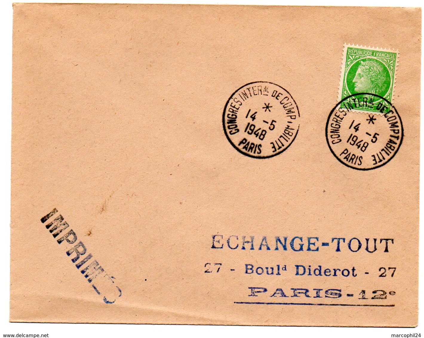 PARIS 1948 = CACHET PETIT FORMAT TEMPORAIRE  = CONGRES INTERal DE COMPTABILITE Sur ENVELOPPE Entière - Gedenkstempel