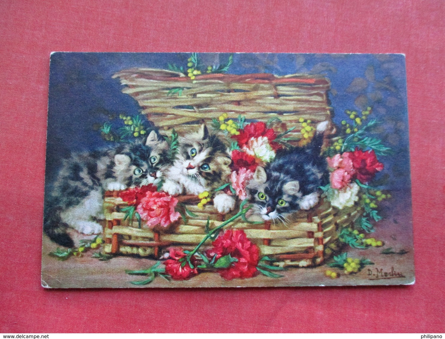Signed Artist - Cats In Floral Basket  Ref 3297 - Cats
