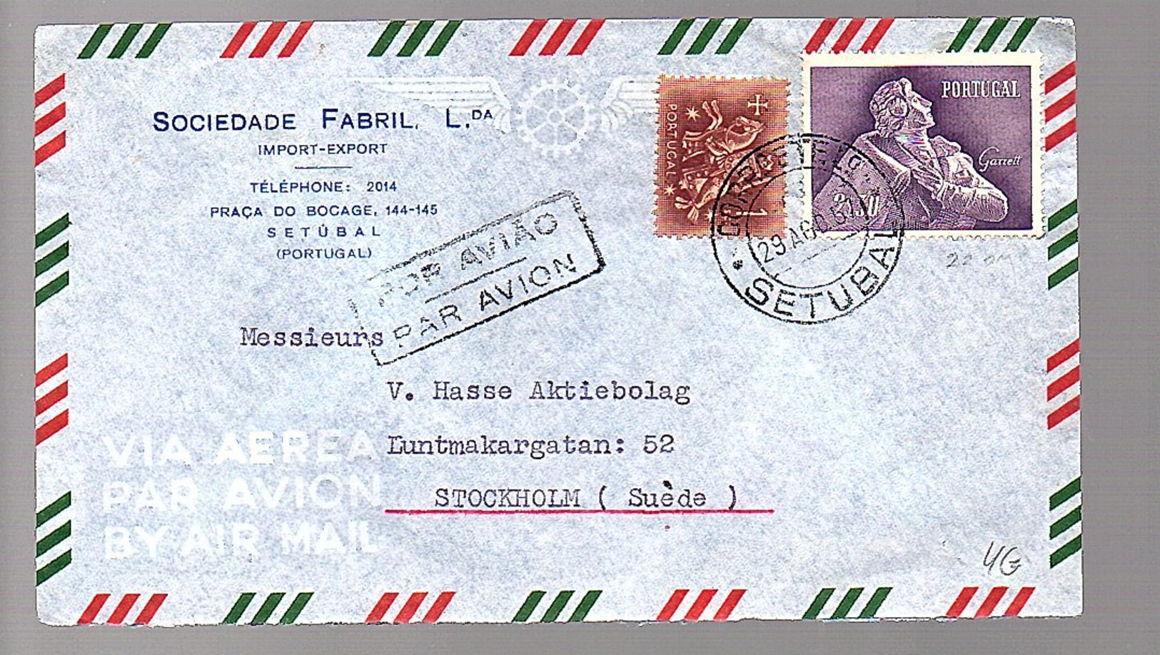 1957 Fabril Praca Do Bocage 144 Setúbal > Stockholm (276) - Briefe U. Dokumente