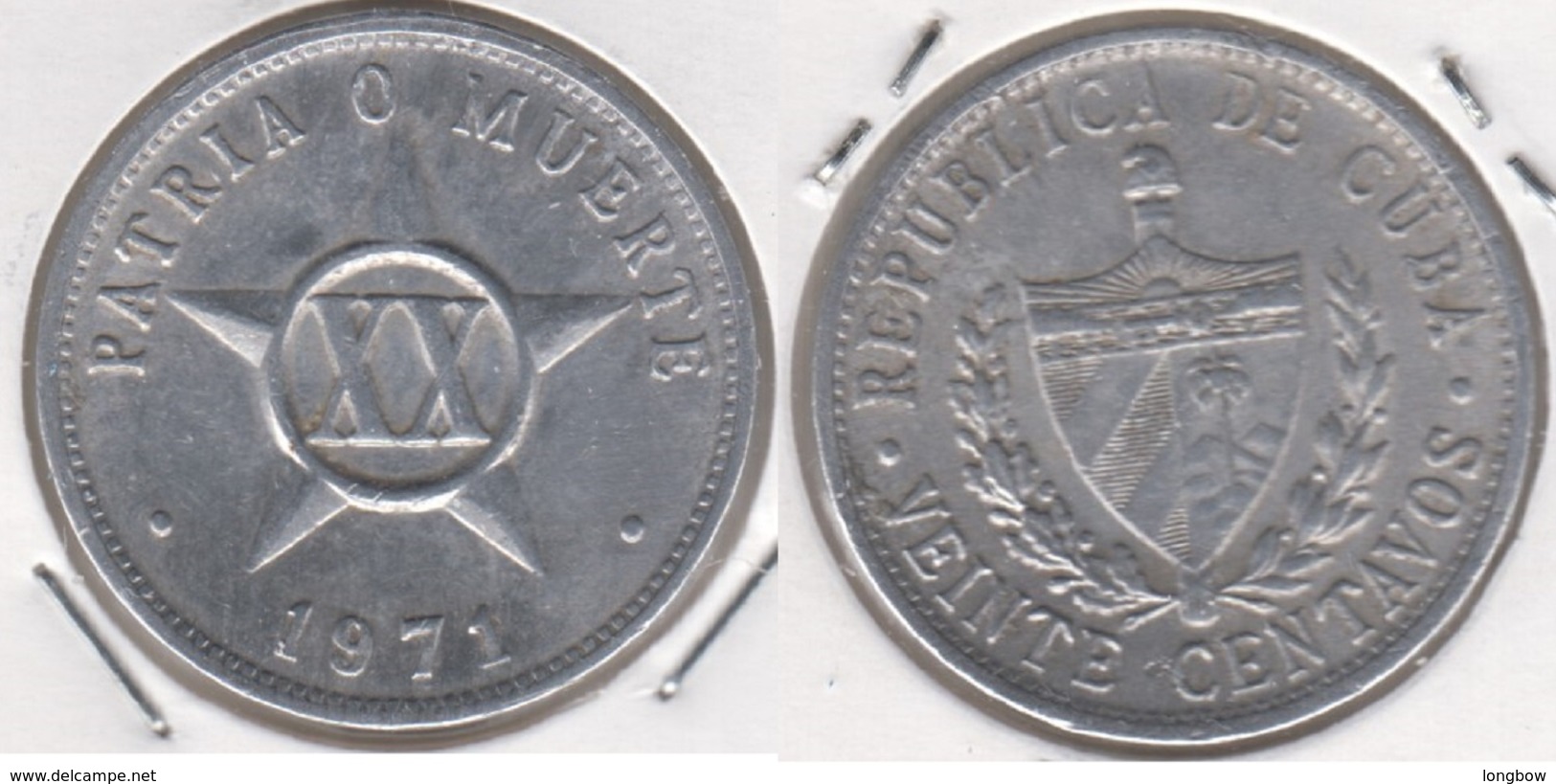 Cuba 20 Centavos 1971 (XX - 2nd Motto) KM#35.1 - Used - Cuba