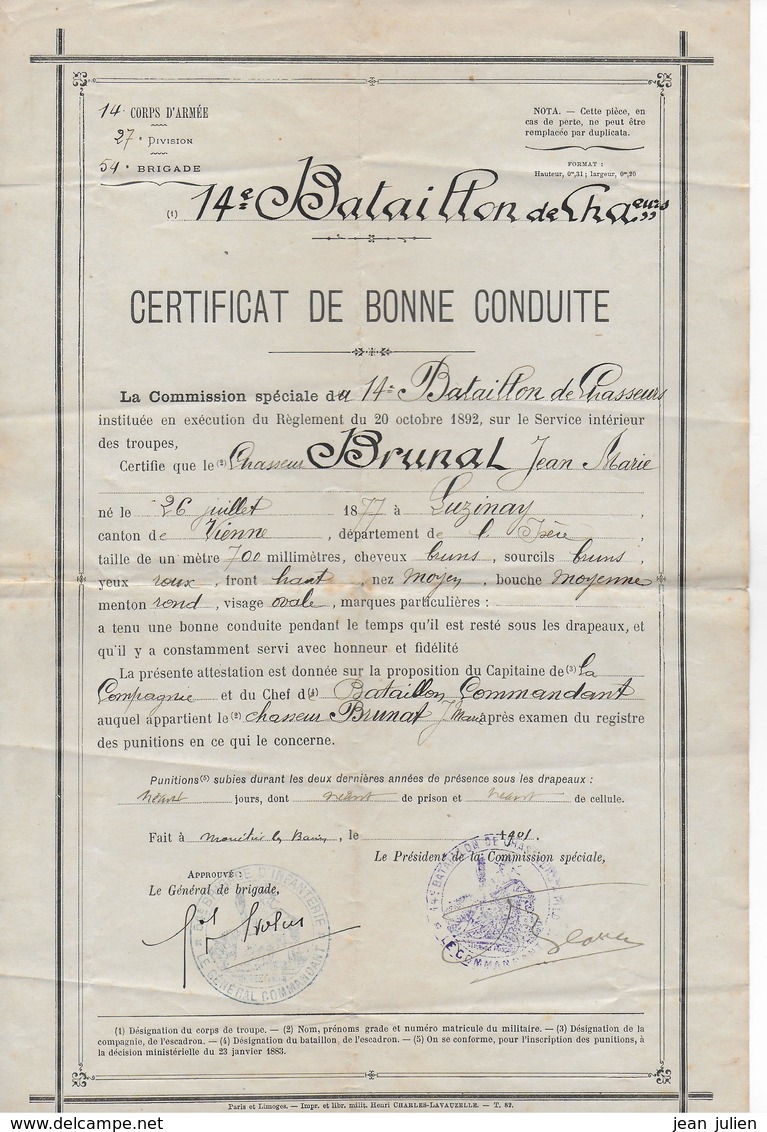 38 - LUZINAY - 14ème Bataillon De Chasseurs - Certificat De Bonne Conduite - 1901 - Documents