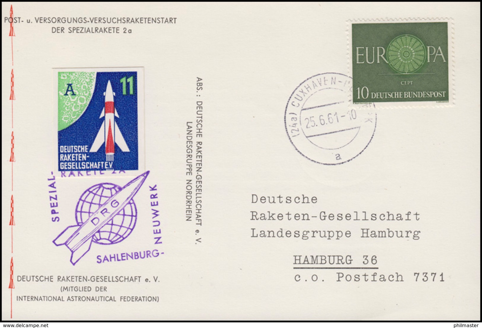 Raketenpost DRG Rakete 2A Sahlenburg-Neuwerk, Postkarte EF CUXHAVEN 25.6.61 - Autres & Non Classés