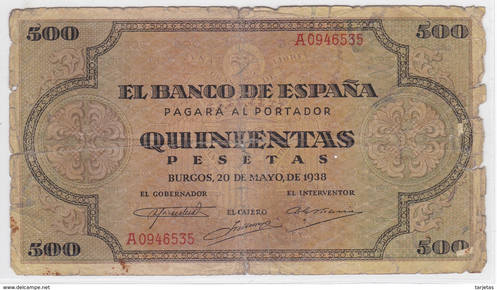 BILLETE DE ESPAÑA DE 500 PTAS DEL AÑO 1938 DE BURGOS SERIE A  (DIFÍCIL Y RARO) - 500 Pesetas