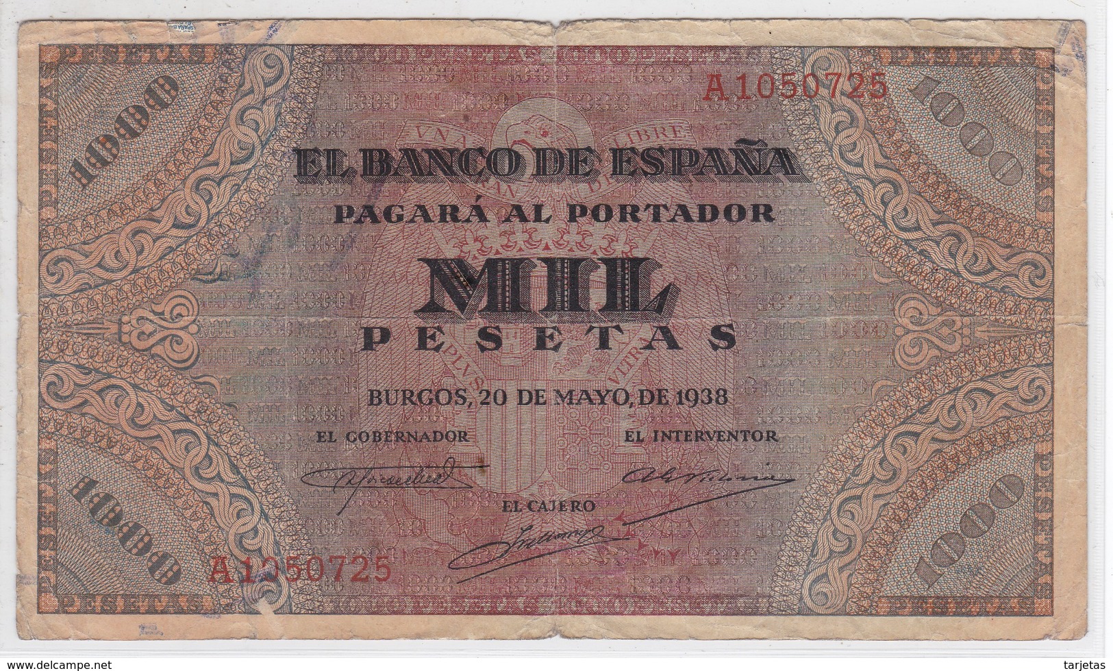 BILLETE DE ESPAÑA DE 1000 PTAS DEL AÑO 1938 DE BURGOS SERIE A  (DIFÍCIL Y RARO) - 1000 Pesetas