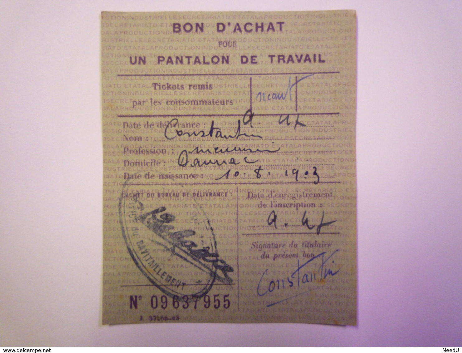 GP 2019 - 938  TICKET De RATIONNEMENT  1947  :  BON D'achat Pour Un  PANTALON De TRAVAIL  -  RARE   XXX - Unclassified