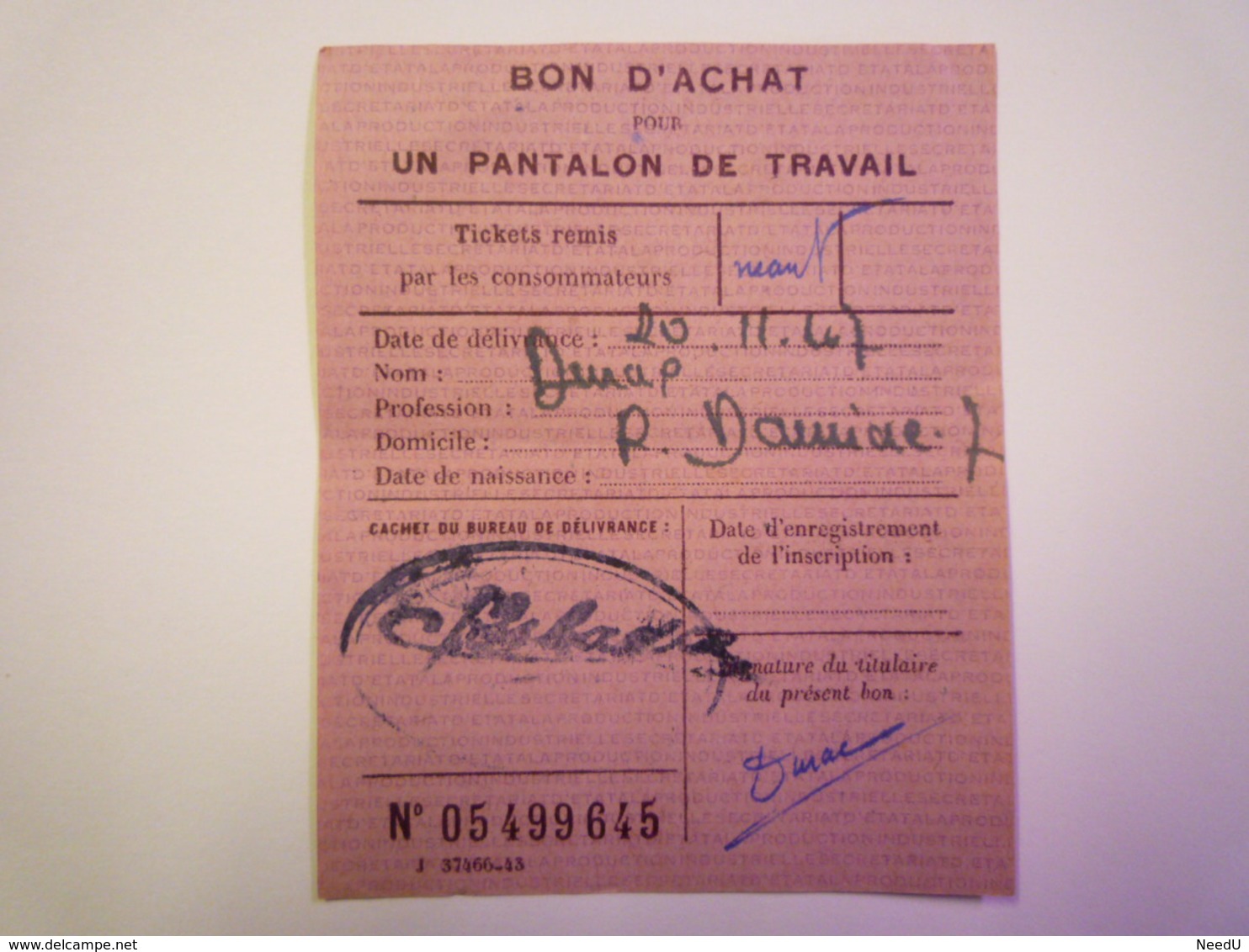 GP 2019 - 939  TICKET De RATIONNEMENT  1947  :  BON D'achat Pour Un  PANTALON De TRAVAIL  -  RARE   XXX - Unclassified