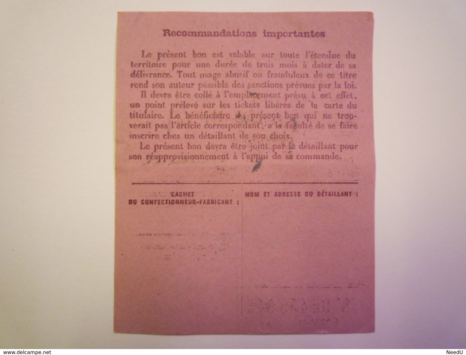 GP 2019 - 939  TICKET De RATIONNEMENT  1947  :  BON D'achat Pour Un  PANTALON De TRAVAIL  -  RARE   XXX - Unclassified