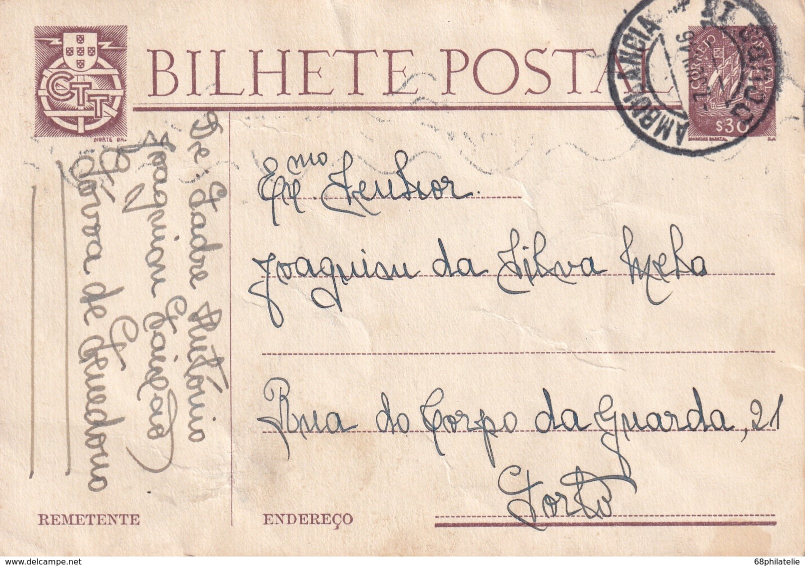 PORTUGAL 1946 ENTIER POSTAL/GANZSACHE/POSTAL STATIONERY CARTE AVEC CACHETAMBULANT ZUGSTEMPEL - Postwaardestukken