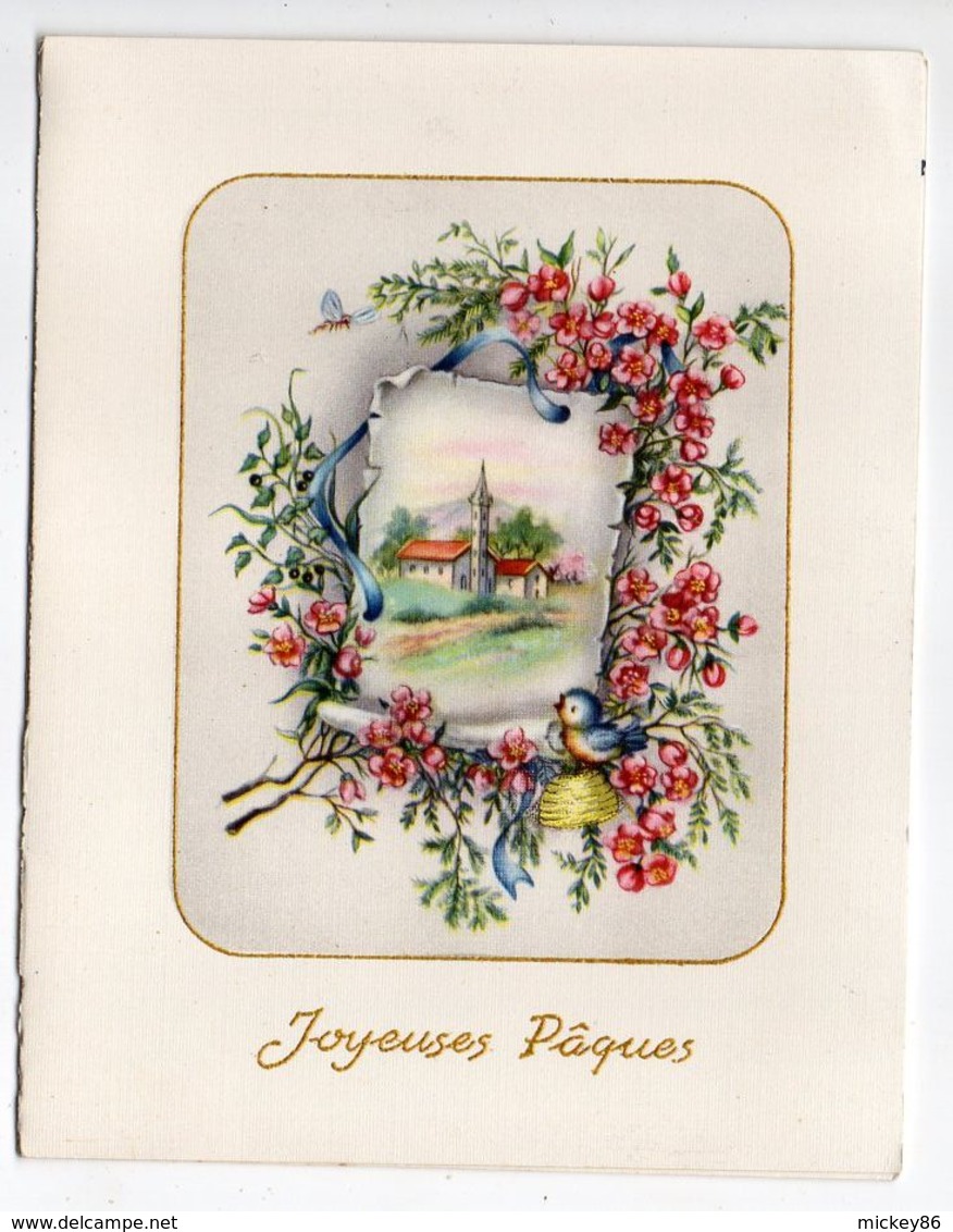Joyeuses Pâques --1957-- Carte Double  Paysage ,oiseau,fleurs Et Libellule - Pâques