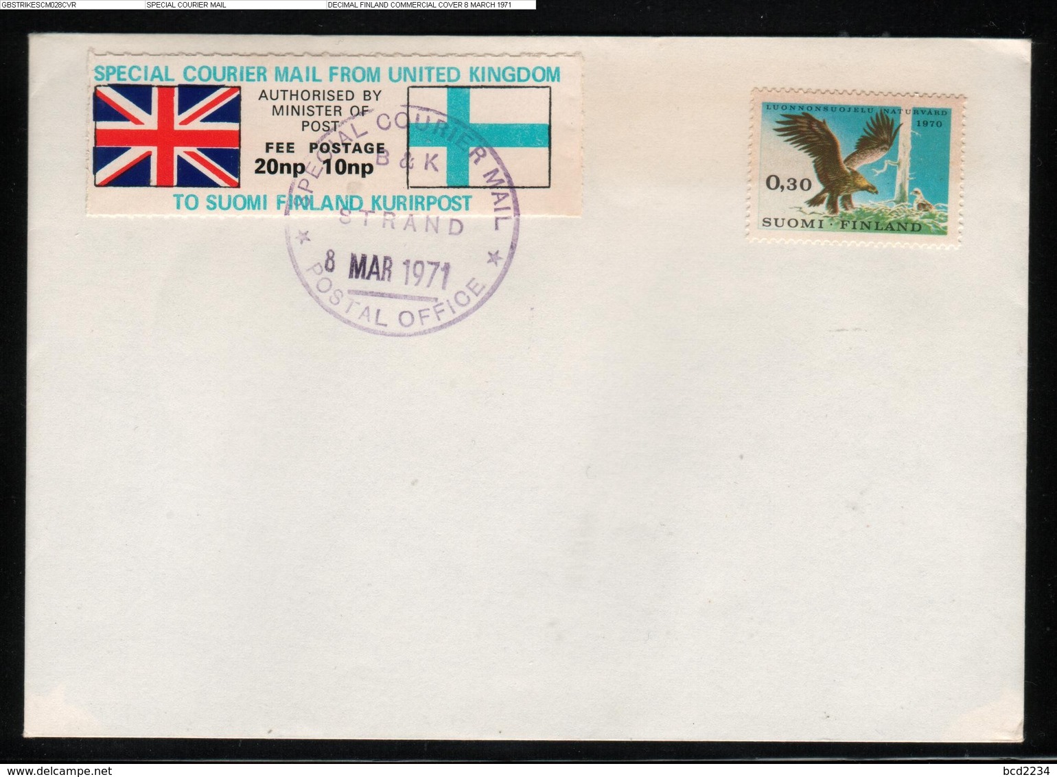 GREAT BRITAIN GB 1971 POSTAL STRIKE MAIL SPECIAL COURIER MAIL 2ND ISSUE DECIMAL COVER STRAND LONDON TO FINLAND 8 MARCH - Variedades Y Curiosidades