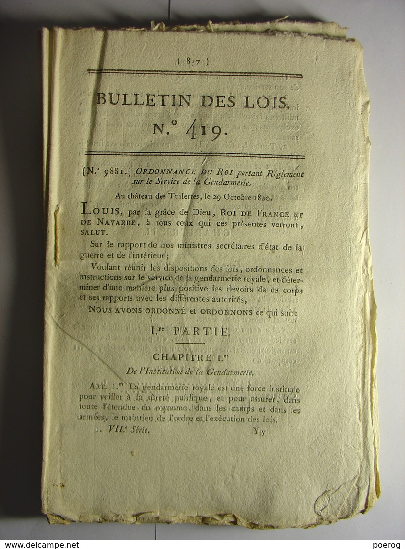 BULLETIN DES LOIS De 1820 - REGLEMENT SUR LE SERVICE DE LA GENDARMERIE - Gendarme - Decrees & Laws