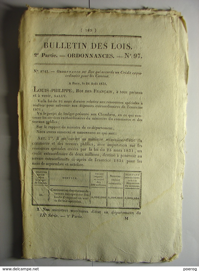 BULLETIN DES LOIS De 1831- NAVIGATION CANAL CANAUX AVANCEMENT GENDARMERIE GENDARME REVOLUTION DE JUILLET OCTROI PARIS - Decrees & Laws