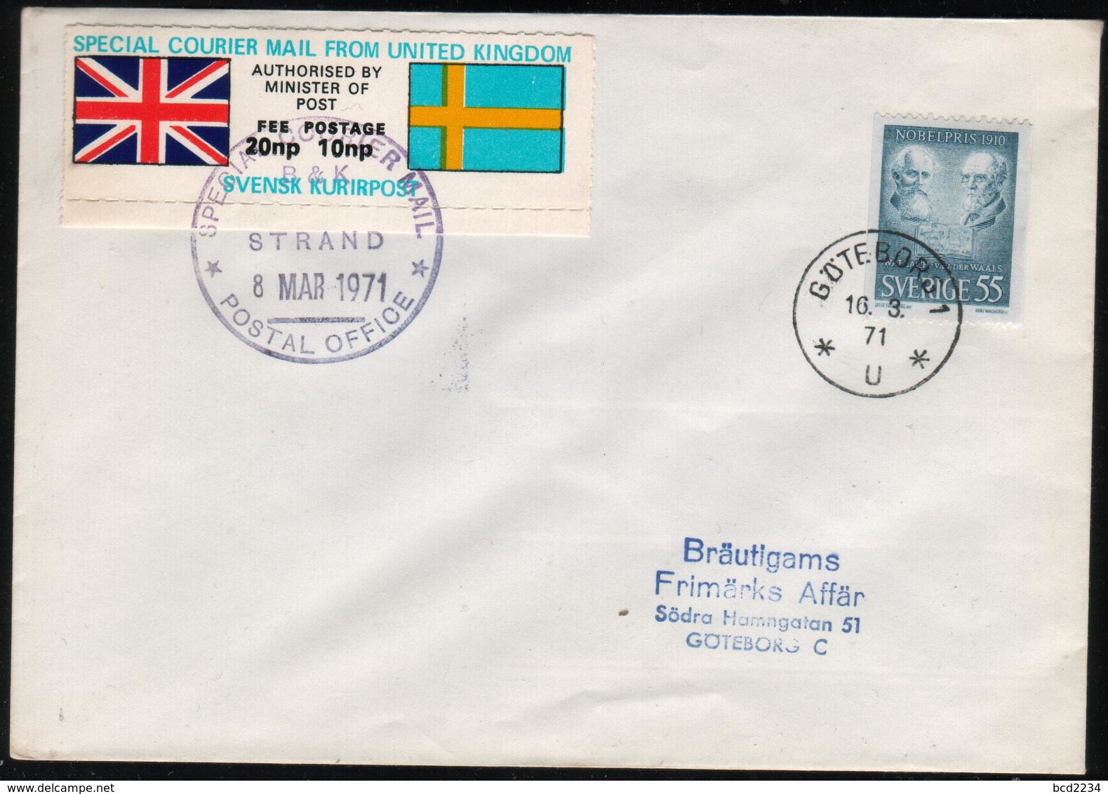 GREAT BRITAIN GB 1971 POSTAL STRIKE MAIL SPECIAL COURIER MAIL 2ND ISSUE DECIMAL COVER TO GOTEBORG SWEDEN 8 MARCH - Variétés Et Curiosités