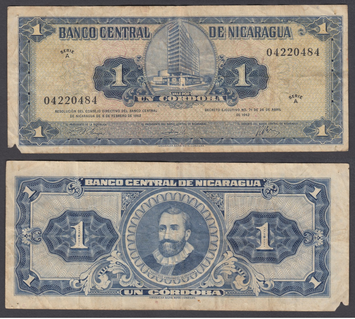 Nicaragua 1 Cordoba 1962 (VG-F) Condition Banknote P-107 - Nicaragua
