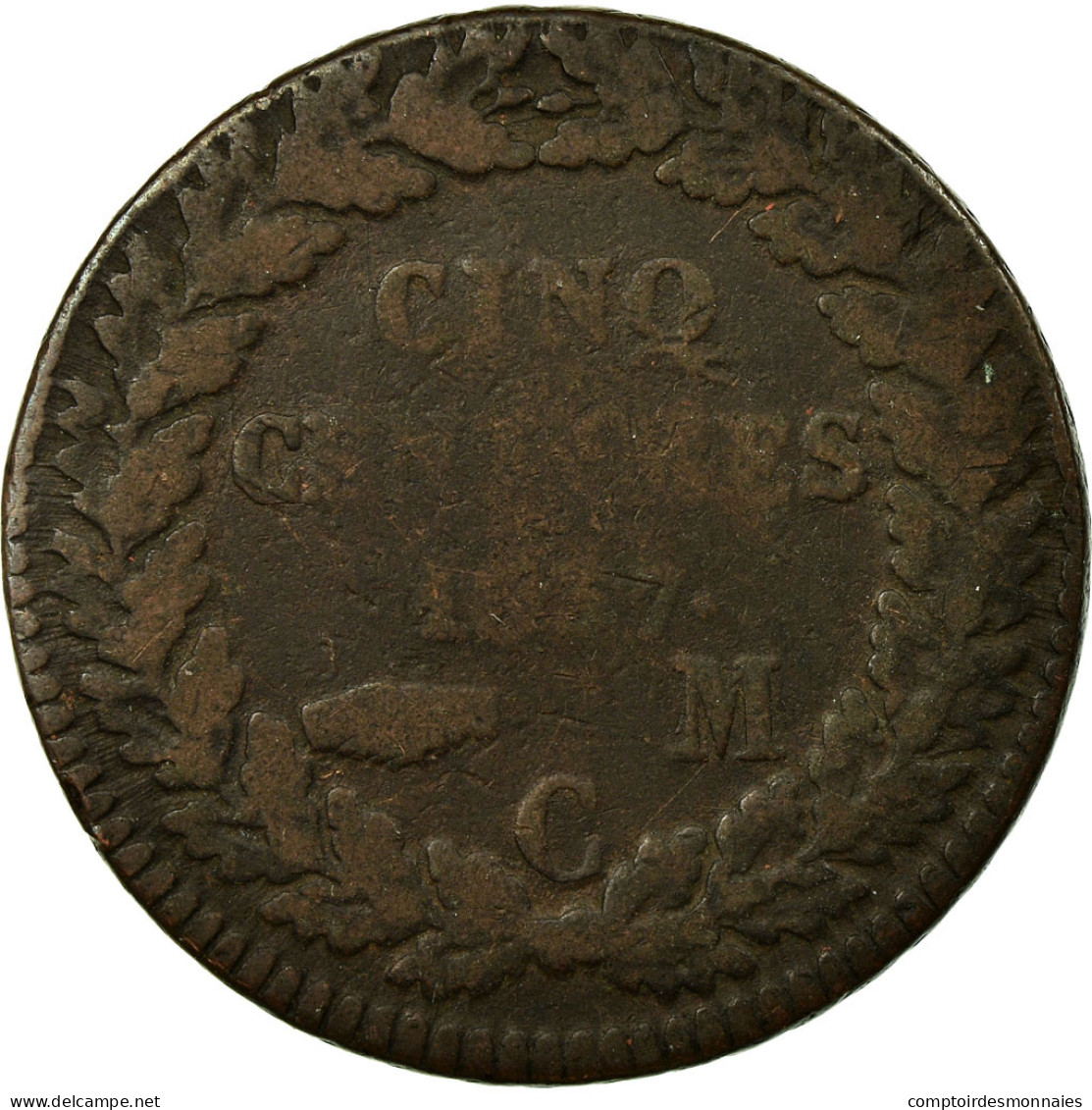 Monnaie, Monaco, Honore V, 5 Centimes, Cinq, 1837, Monaco, TB, Cast Brass - 1819-1922 Honoré V, Charles III, Albert I