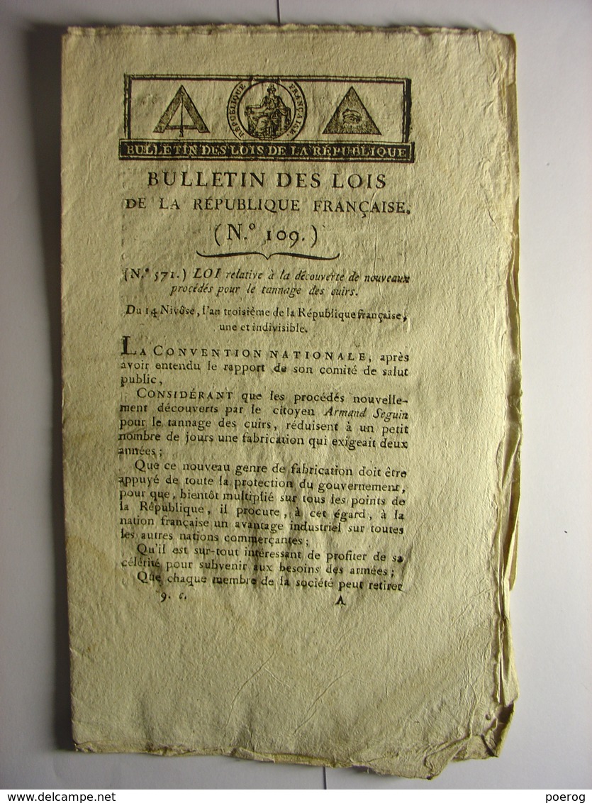 BULLETIN DES LOIS De 1795 - ORGANISATION DE LA GENDARMERIE - TANNAGE DES CUIRS - DOUANES ILE D' OLERON & ILE DE RE - Decrees & Laws