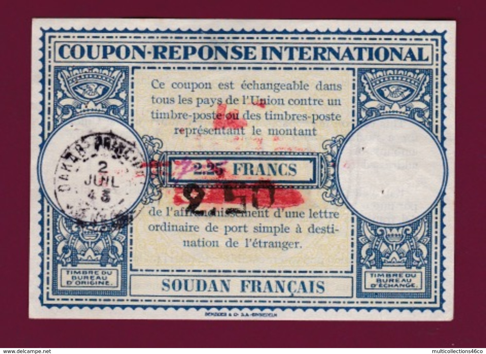 250419 - COUPON REPONSE INTERNATIONAL SOUDAN FRANCAIS - DAKAR SENEGAL 1943 - Lettres & Documents