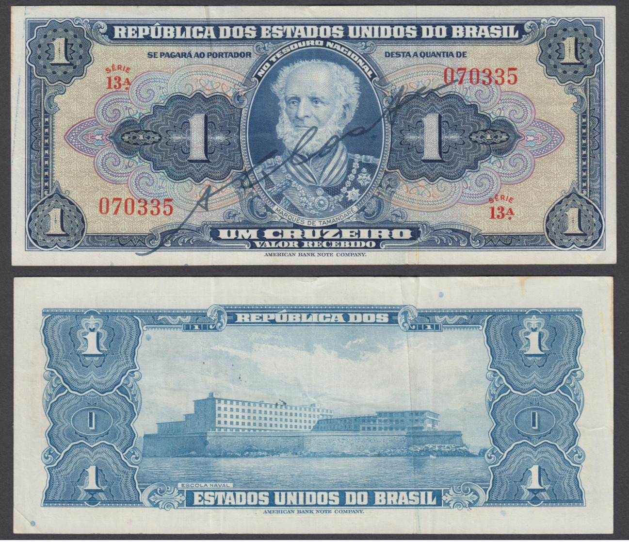 Brazil 1 Cruzeiro ND 1944 (VF+) Condition Banknote P-132 Series 13A - Brazil