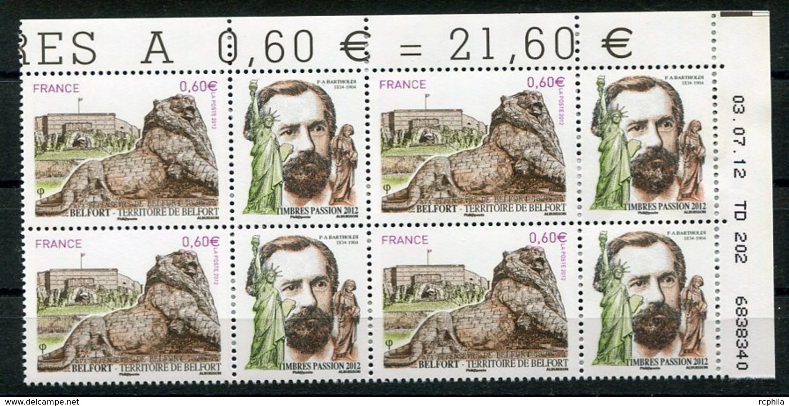 RC 12611 FRANCE 2012 N° 4697 BELFORT BARTHOLDI BLOC DE 4 A LA FACIALE NEUF ** TB - Neufs