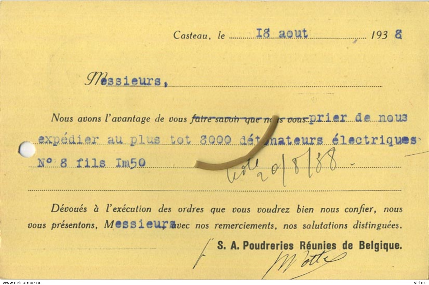 CASTEAU  : Poudreries Réunies De Belgique 1938   (  2 Scans ) - Autres & Non Classés