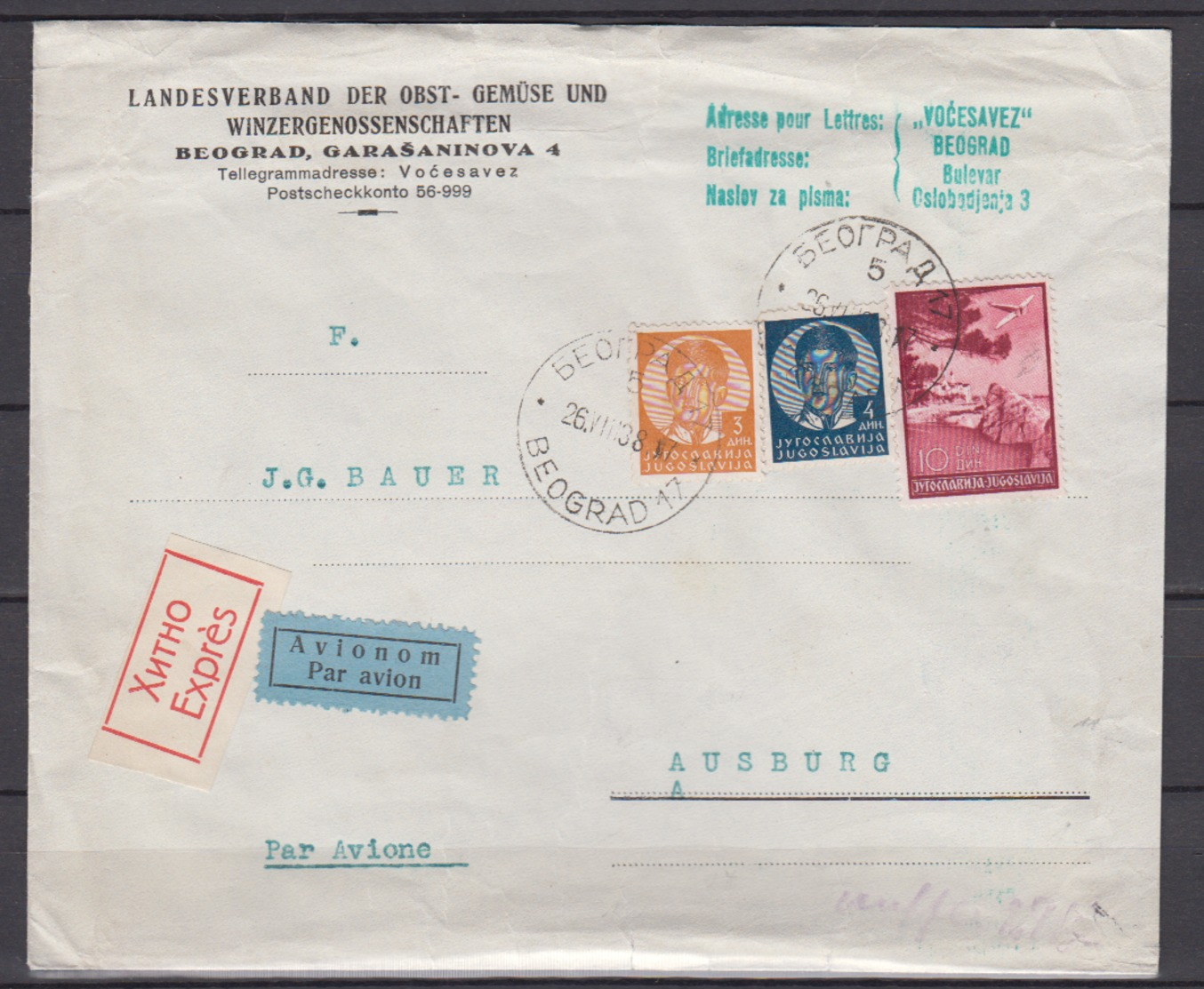 Jugoslawien Eil-LP-Brief Beograd 17/26.VIII.38 MiF 307,310,345 Nach Deutschland - Lettres & Documents