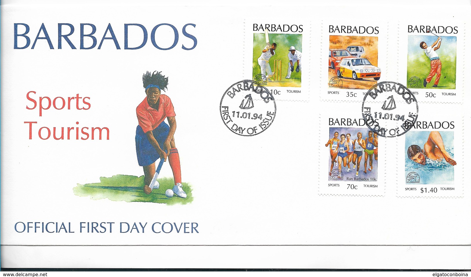 BARBADOS 1994 SPORTS & TOURISM FDC OFFICIAL FIRST DAY COVER HOCKEY RUNNING GOLF BASEBALL SWIMMING - Barbados (1966-...)