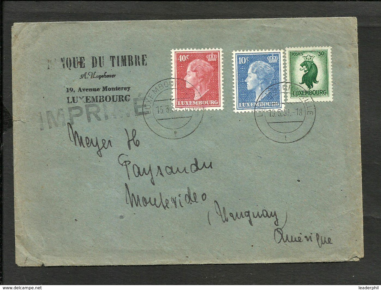 LUXEMBURG 1951 COVER TO URUGUAY, RARE DESTINATION - 1948-58 Charlotte Di Profilo Sinistro